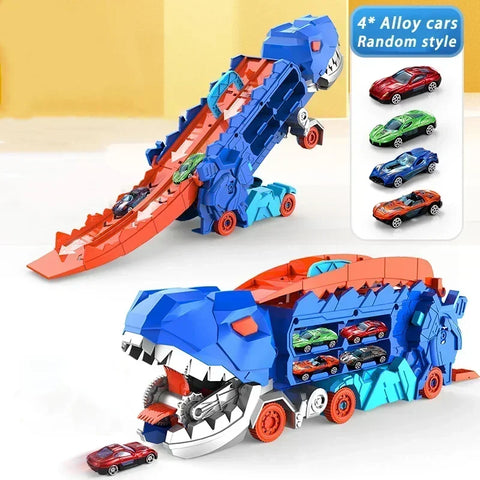 Dinosaur Truck Toy with Metal Cars, Racing Tracks, and Storage