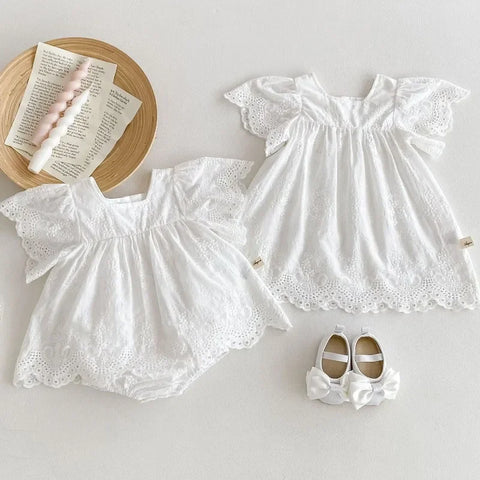 White Dress & Newborn Baby Lace Embroidery Rompers – Sisters Summer Clothes