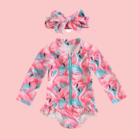 Long Sleeve Swimwear Rash Guard with Sun Hat for Girls