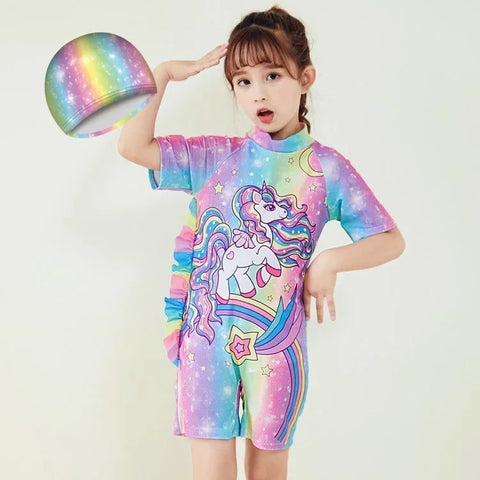 Cute Cartoon Short Sleeve Swimsuit with Cap