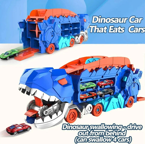Dinosaur Truck Toy with Metal Cars, Racing Tracks, and Storage