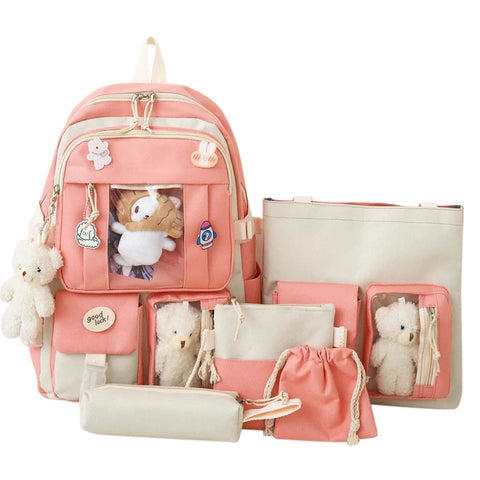 5 Pcs Set Girls Backpack - Large Capacity Student Schoolbag for Girls with Pencil Case and Shoulder Bag