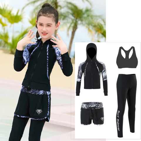Three-Piece Rash Guard Set – Long Sleeve Zipper Hoodie Shirt, Pants & Swimwear Set