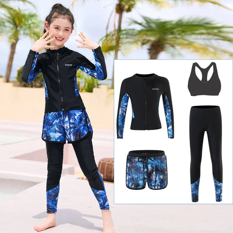Three-Piece Rash Guard Set – Long Sleeve Zipper Hoodie Shirt, Pants & Swimwear Set