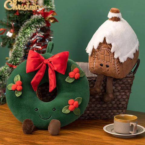 Christmas Gingerbread Plush Pillow – Festive Stuffed Cookie & Cabin Plushie