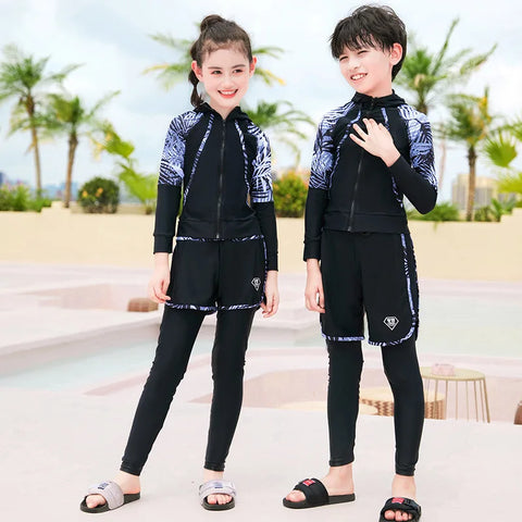 Three-Piece Rash Guard Set – Long Sleeve Zipper Hoodie Shirt, Pants & Swimwear Set