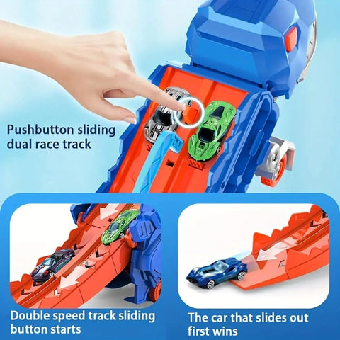 Dinosaur Truck Toy with Metal Cars, Racing Tracks, and Storage