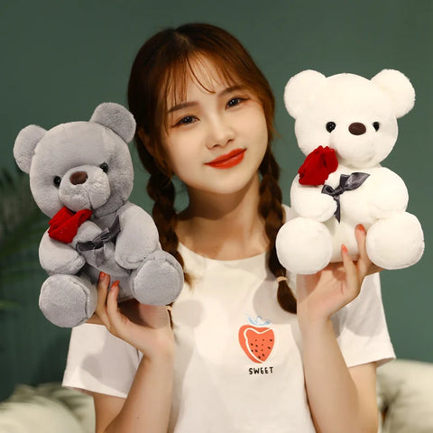 Cute Teddy Bear with Roses Plush Toy – Romantic Stuffed Doll