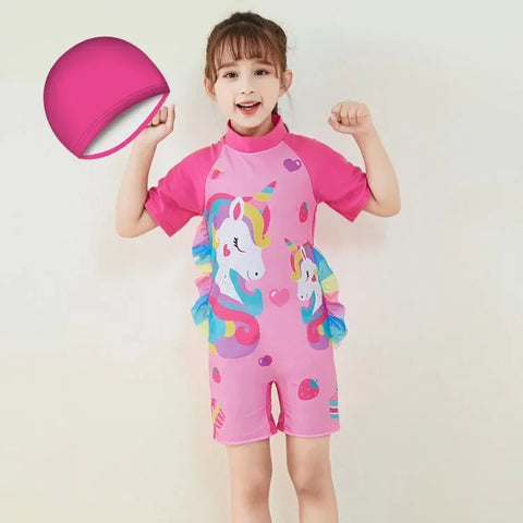 Cute Cartoon Short Sleeve Swimsuit with Cap