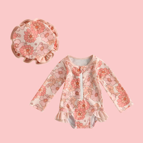Long Sleeve Swimwear Rash Guard with Sun Hat for Girls