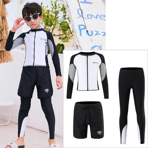 Three-Piece Rash Guard Set – Long Sleeve Zipper Hoodie Shirt, Pants & Swimwear Set