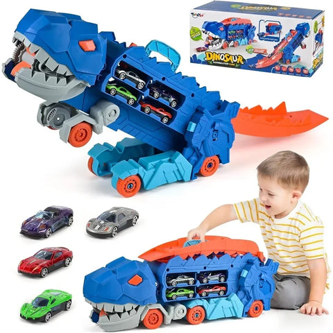 Dinosaur Truck Toy with Metal Cars, Racing Tracks, and Storage