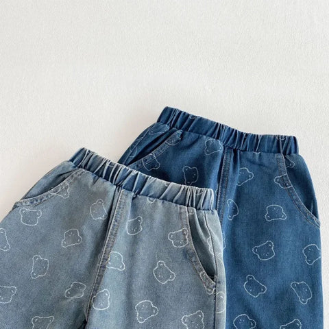 Children’s Spring Jeans – Soft Denim Bear Printed Harem Pants for Kids