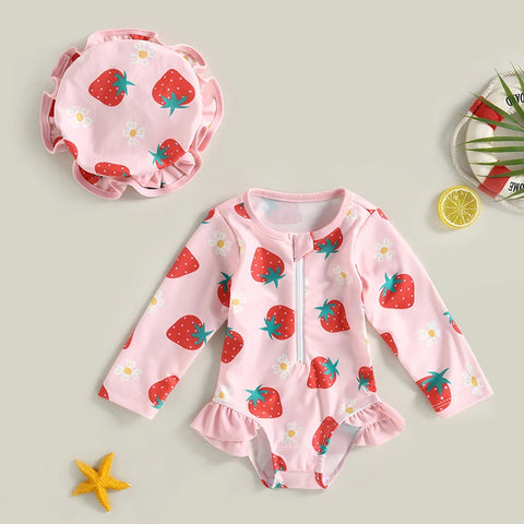 Long Sleeve Swimwear Rash Guard with Sun Hat for Girls
