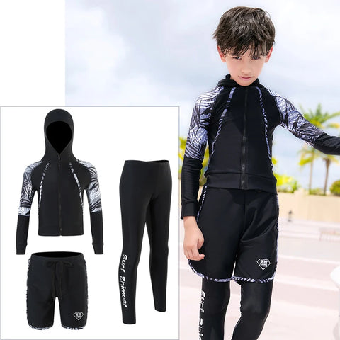 Three-Piece Rash Guard Set – Long Sleeve Zipper Hoodie Shirt, Pants & Swimwear Set