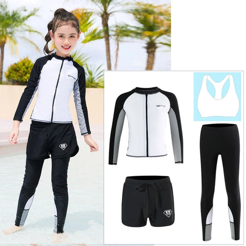 Three-Piece Rash Guard Set – Long Sleeve Zipper Hoodie Shirt, Pants & Swimwear Set