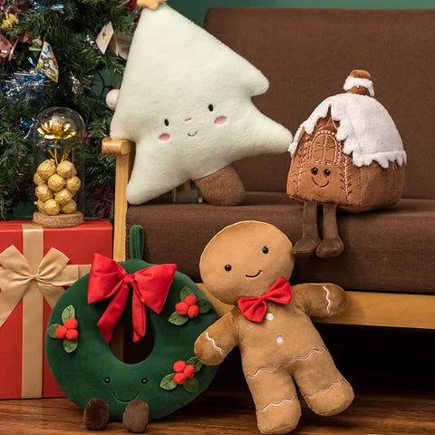 Christmas Gingerbread Plush Pillow – Festive Stuffed Cookie & Cabin Plushie