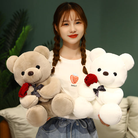 Cute Teddy Bear with Roses Plush Toy – Romantic Stuffed Doll