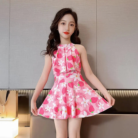 Cute Strawberry-Print Two-Piece Swimwear Set for Girls
