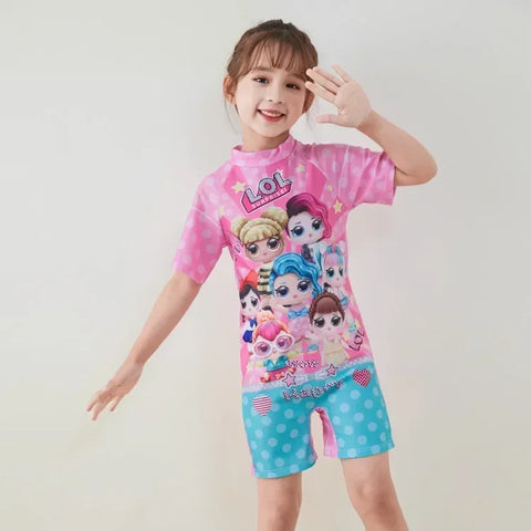 Cute Cartoon Short Sleeve Swimsuit with Cap