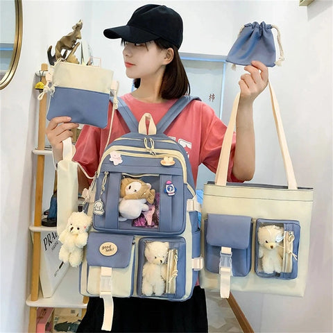 5 Pcs Set Girls Backpack - Large Capacity Student Schoolbag for Girls with Pencil Case and Shoulder Bag