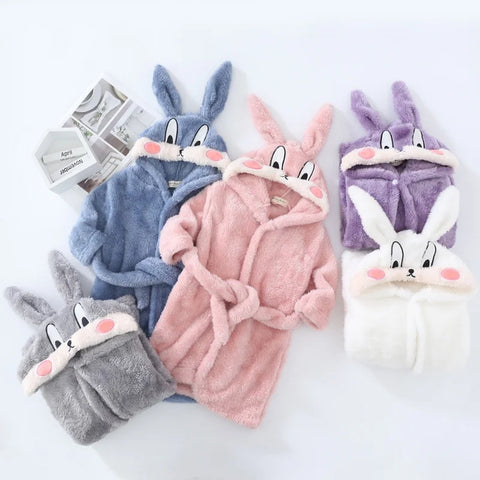 Kids Hooded Bathrobe – Cartoon Rabbit Flannel Robe for Boys & Girls