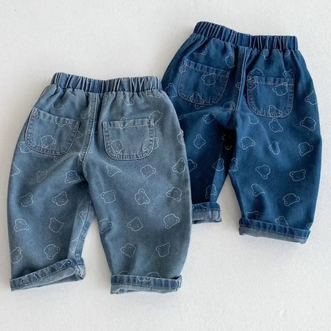 Children’s Spring Jeans – Soft Denim Bear Printed Harem Pants for Kids