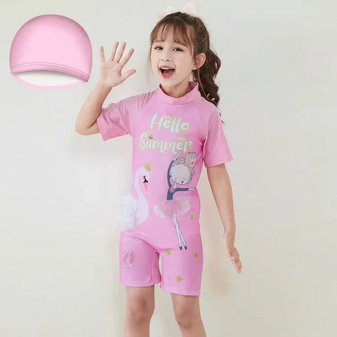 Cute Cartoon Short Sleeve Swimsuit with Cap
