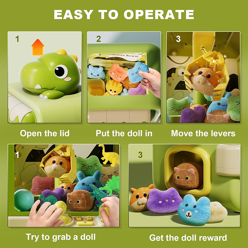 Mini Green Dino Claw Machine for Kids- Adjustable Arcade Game with Music & Prizes Teeny Pandas