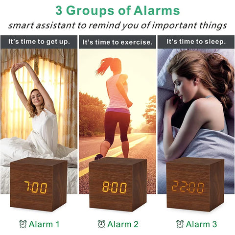 Wooden Digital Alarm Clock with Temperature & Sound Control