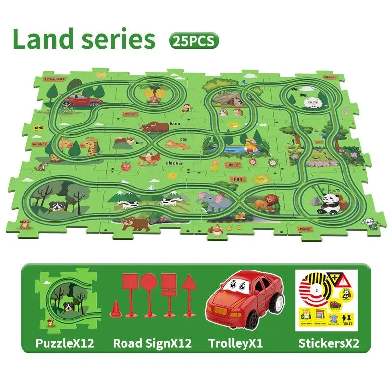RaceTrack Puzzle Set – Space, Land, Dinosaur, and Ocean Themes Teeny Pandas