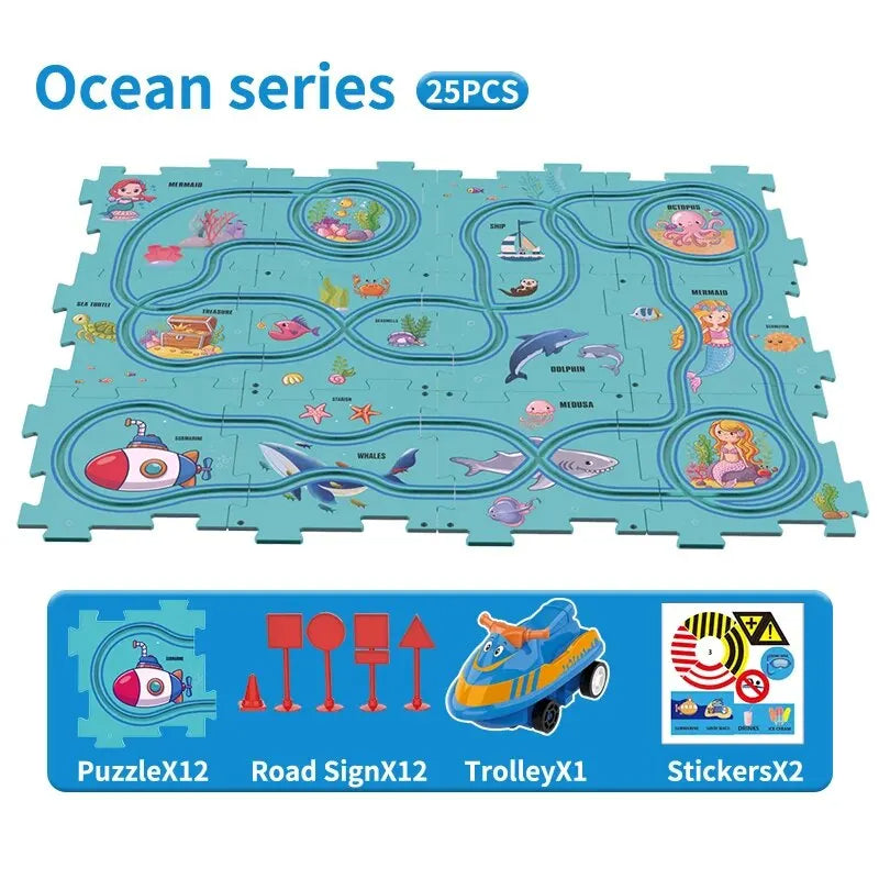 RaceTrack Puzzle Set – Space, Land, Dinosaur, and Ocean Themes Teeny Pandas
