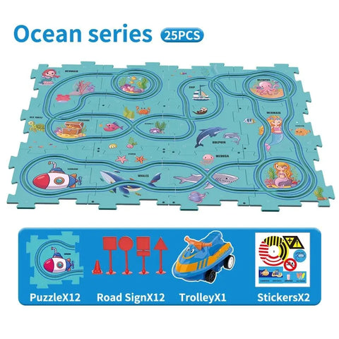 RaceTrack Puzzle Set – Space, Land, Dinosaur, and Ocean Themes Teeny Pandas