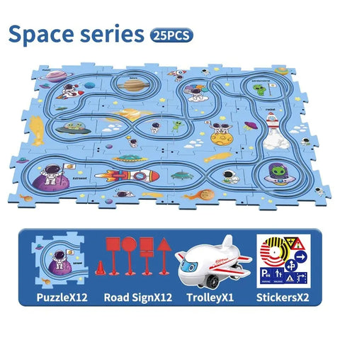 RaceTrack Puzzle Set – Space, Land, Dinosaur, and Ocean Themes Teeny Pandas