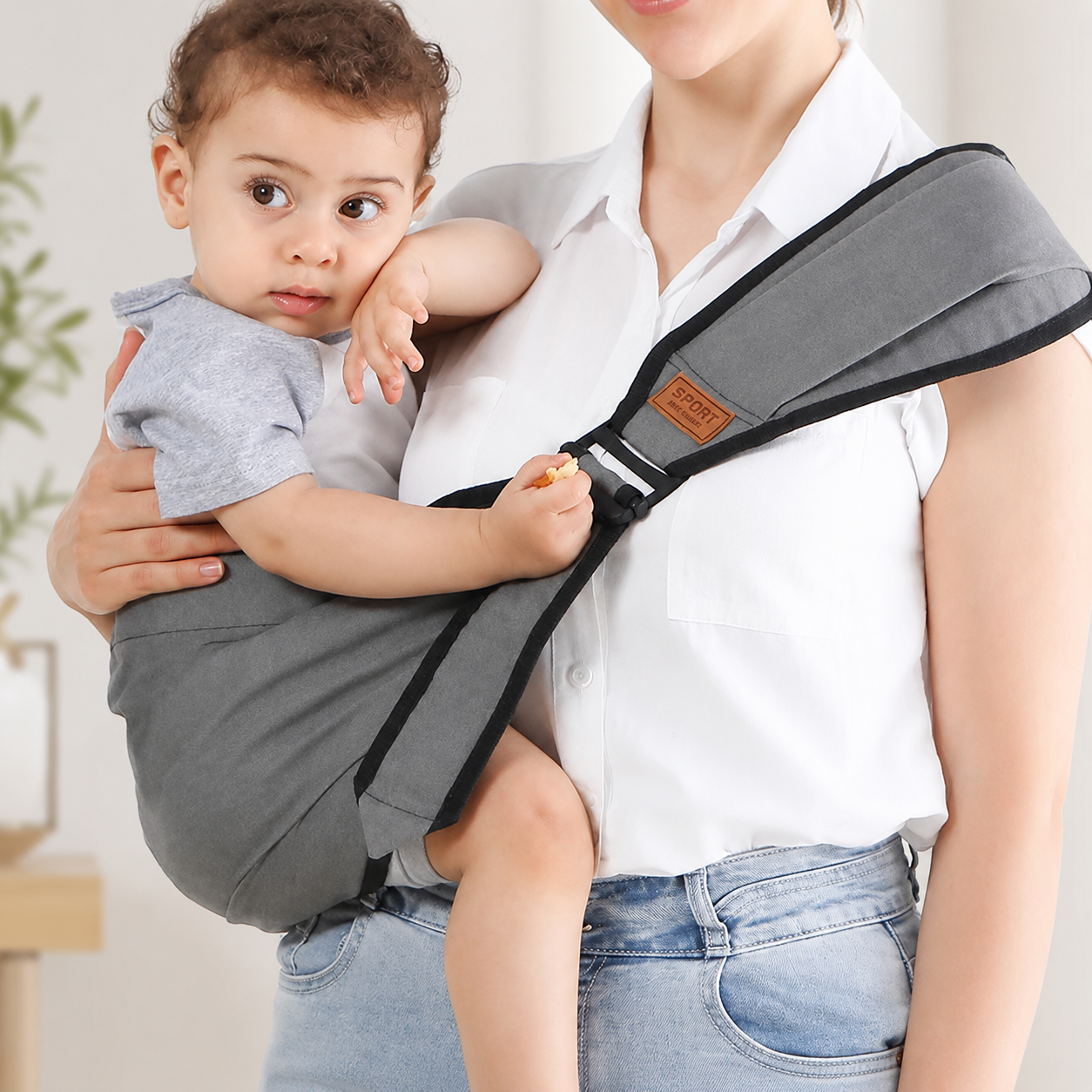 Hands-free toddler carrier shown in use during family outing