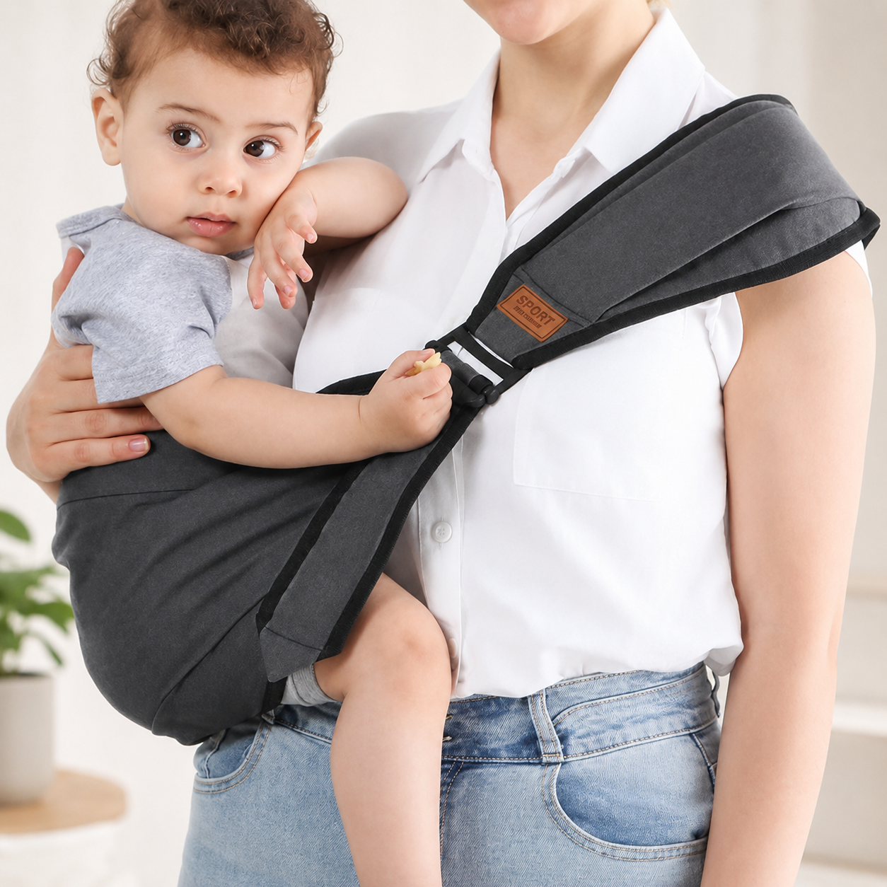 Parent carrying toddler with hands-free ergonomic carrier