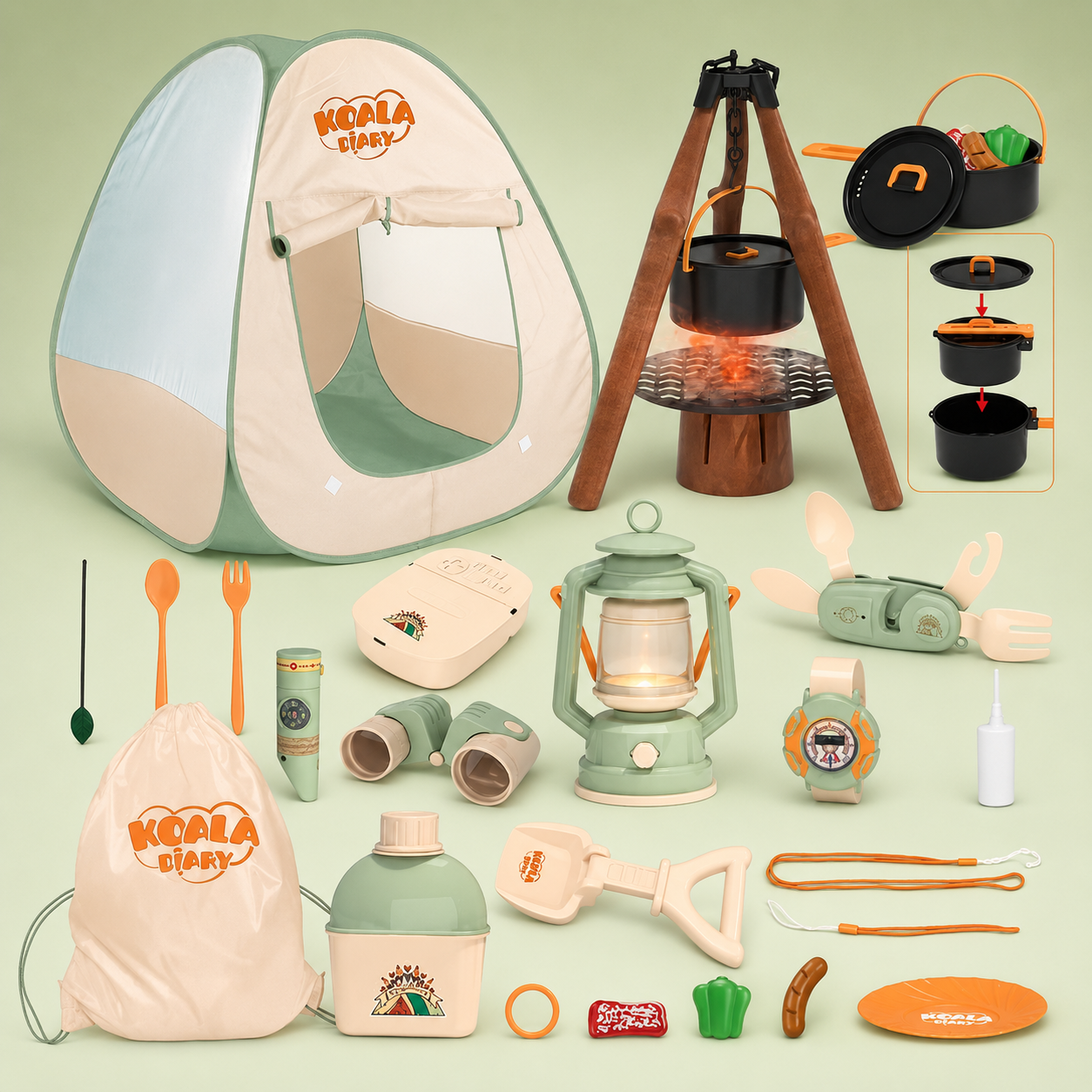 Kids camping adventure toy set with pop-up tent and outdoor play accessories