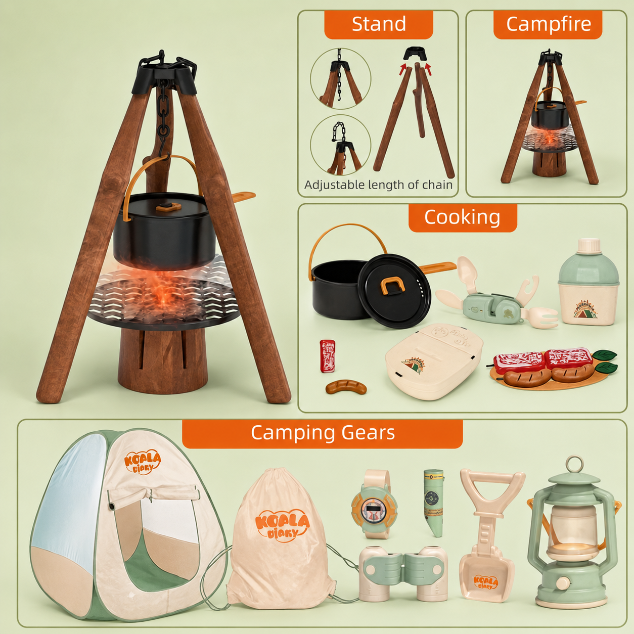 Kids camping adventure toy kit with tent, lantern, tools and outdoor explorer gear