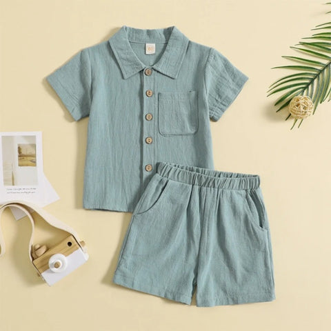 Boys Casual Outfit Set – Cotton Baby Boys Costume with Button Shirt & Elastic Waist Shorts